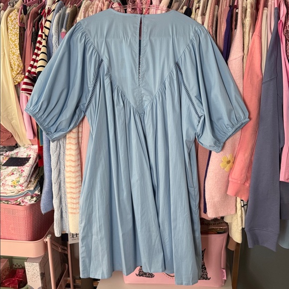 051 • Cornflower Blue Cotton Midi Dress | Boho Baby Doll Eyelet Wheat Embroidery - Picture 10 of 10